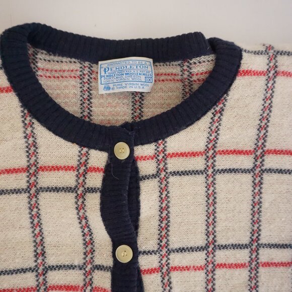 Vintage Pendleton Cream Navy Plaid Wool Checker Cardigan Old Money Preppy 1X - Picture 9 of 10